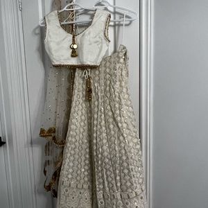 White Lengha Choli Lehenga Lucknowi and Gold